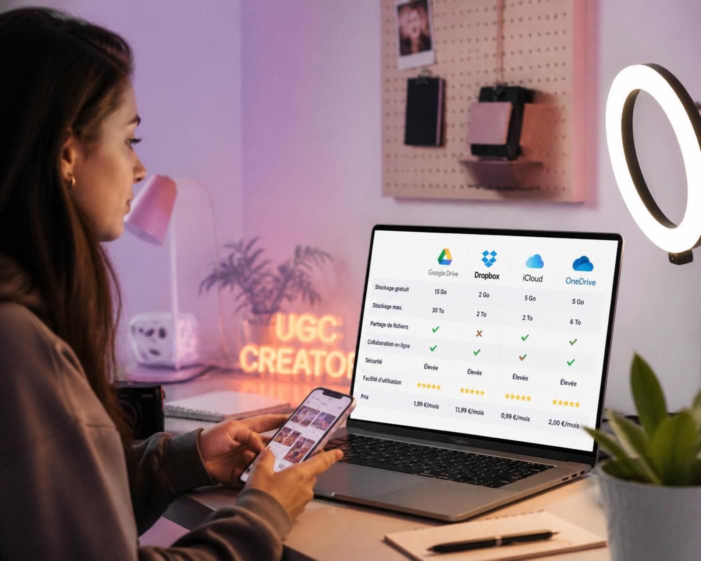 compare icloud, google one et dropbox pour stocker facilement tes rushs ugc en toute sécurité et trouver la solution adaptée à tes besoins.